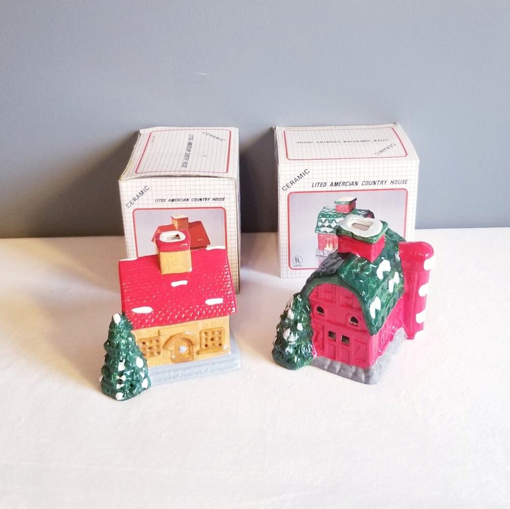 2 Vintage Pacific Rim Lighted Christmas House & Barn Ceramic American Country